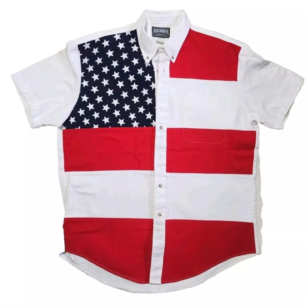 Vtg Rough Rider By Circle T Western Patriotic Shirt Button Up Large USA Flag